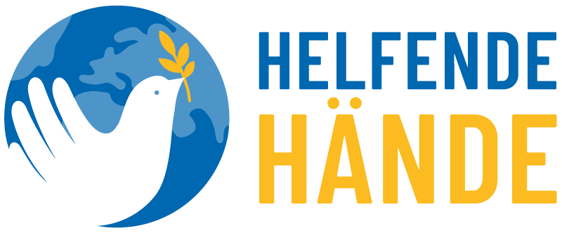 helfende hände - Vor einem blau-weißen Globus ist eine weiße Taube zu sehen, die einen Olivenzweig im Schnabel hält. Daneben steht der Schriftzug „Helfende Hände“, wobei „HÄNDE“ in großen gelben Buchstaben geschrieben ist. helfende hände ggmbh hamburg