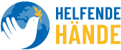helfende hände - Vor einem blauen Globus ist eine weiße Taube zu sehen, die einen gelben Olivenzweig im Schnabel hält. Rechts davon steht der Text „Helfende Hände“, wobei das Wort „Hände“ gelb hervorgehoben ist. helfende hände ggmbh hamburg