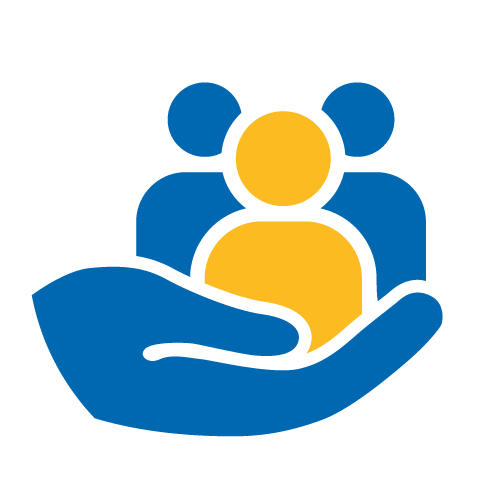 helfende hände - Eine blaue, stilisierte Hand hält drei vereinfachte menschliche Figuren – eine gelbe vorne und zwei blaue dahinter –, die Fürsorge oder Unterstützung für Menschen symbolisieren. helfende hände ggmbh hamburg