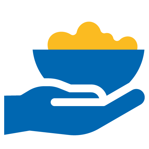 helfende hände - Eine Grafik, die eine blaue Hand zeigt, die eine blaue Schale hält, die mit einer gelben Substanz gefüllt ist, vor einem hellgrauen Hintergrund. helfende hände ggmbh hamburg