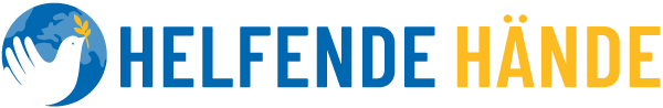 helfende hände - Logo mit einer weißen Taube, die einen Olivenzweig im Schnabel hält, neben einem blauen Globus, daneben der Schriftzug „HELFENDE HÄNDE“ in blauen und gelben Großbuchstaben. helfende hände ggmbh hamburg