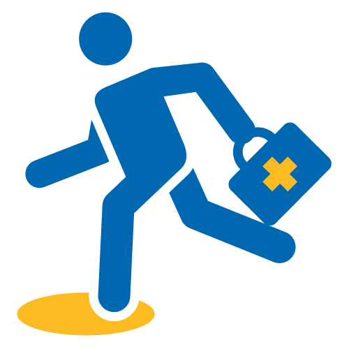 helfende hände - Eine blaue Strichfigur rennt und hält dabei eine blaue Arzttasche mit einem gelben Kreuz in der Hand. Ein Fuß tritt in eine gelbe Pfütze oder eine ovale Form auf dem Boden. helfende hände ggmbh hamburg