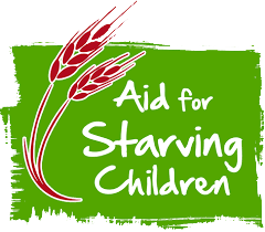 helfende hände - Ein grüner, rechteckiger Hintergrund mit zwei roten Weizenhalmen und dem weißen Schriftzug „Aid for Starving Children“ in einer lockeren Schriftart. helfende hände ggmbh hamburg