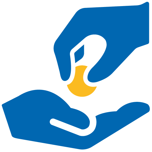 helfende hände - Eine blaue Illustration, auf der eine Hand eine kleine gelbe Münze oder einen kleinen gelben Gegenstand in eine andere, darunter liegende offene Hand fallen lässt. Der Hintergrund ist weiß. helfende hände ggmbh hamburg