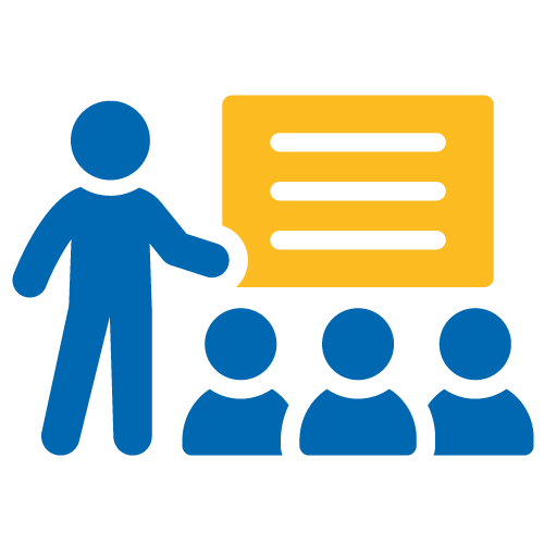 helfende hände - Ein vereinfachtes blaues Symbol, das eine Person zeigt, die drei sitzenden Personen Informationen auf einer gelben Tafel präsentiert; es stellt eine Präsentations- oder Unterrichtssituation dar. helfende hände ggmbh hamburg