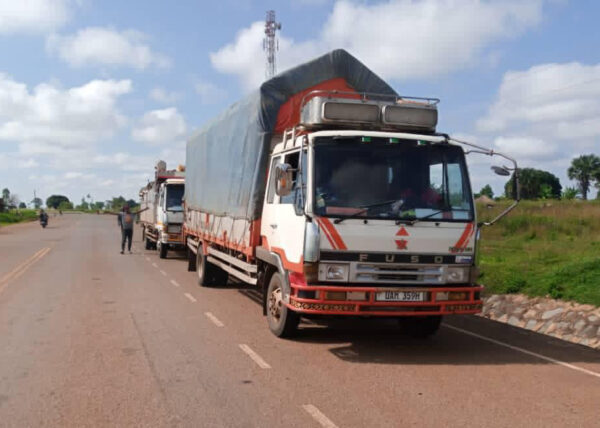 helfende hände - Zwei weiße Fuso-Lkw mit abgedeckten Ladeflächen stehen am Rand einer asphaltierten Landstraße unter einem teilweise bewölkten Himmel. Eine Person steht in der Nähe der Lkw, daneben sind Grünflächen und eine Steinmauer zu sehen. helfende hände ggmbh hamburg