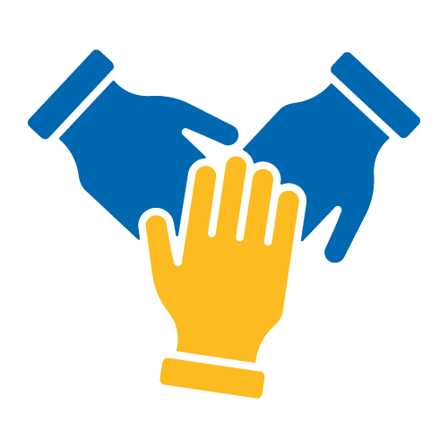 helfende hände - Illustration von zwei blauen Händen und einer gelben Hand, die sich in der Mitte überlappen und Teamarbeit oder Zusammenarbeit symbolisieren, vor einem hellgrauen Hintergrund. helfende hände ggmbh hamburg