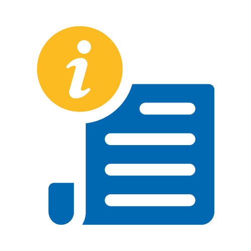helfende hände - Ein blaues Dokumentensymbol mit horizontalen Linien, die Text darstellen, und einem gelben Kreis, der einen weißen Kleinbuchstaben „i“ enthält, der für „Information“ steht, auf hellgrauem Hintergrund. helfende hände ggmbh hamburg